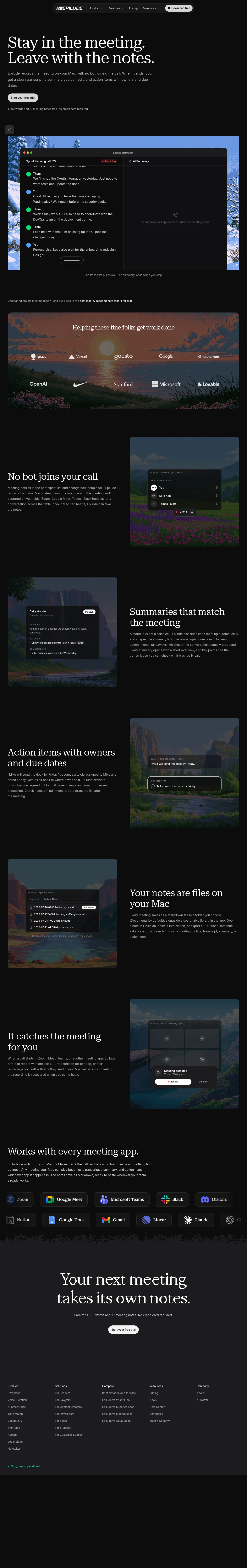 Epilude Notetaker · Landing page · Dark · Minimal · Editorial screenshot
