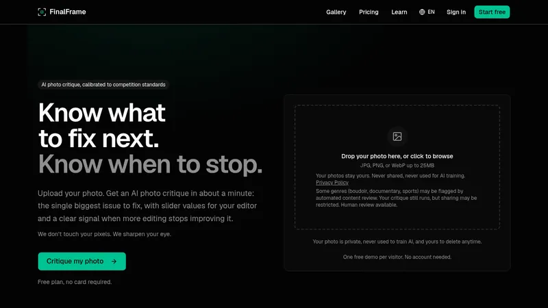 FinalFrame · Landing page · Dark · Minimal · Dense screenshot