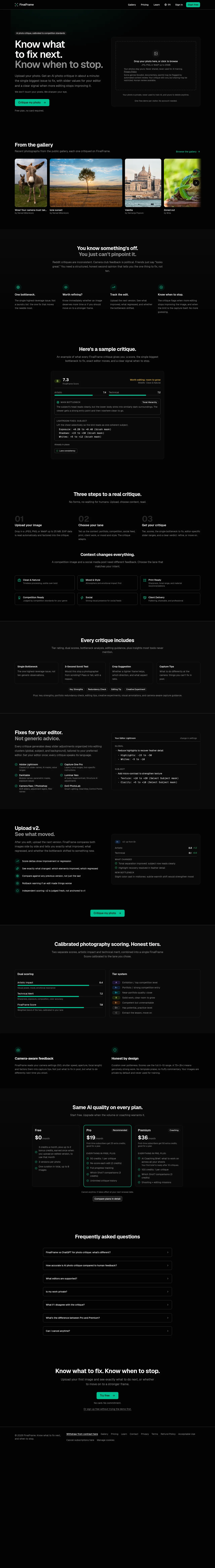FinalFrame · Landing page · Dark · Minimal · Dense screenshot