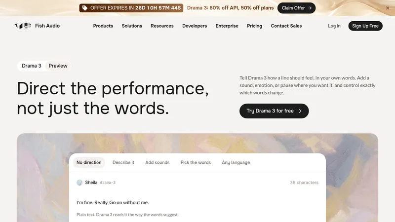 Fish Audio Drama 3 · Landing page · Editorial · Minimal · Bento screenshot