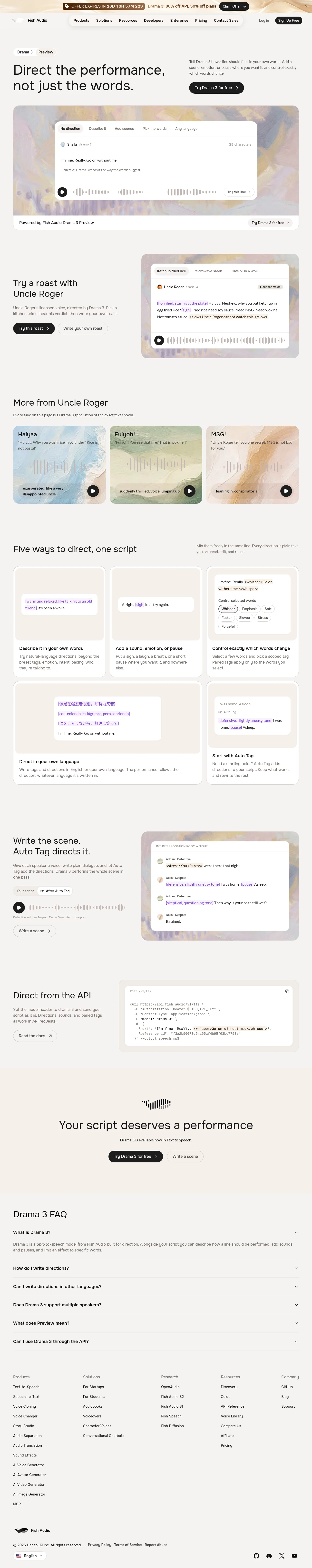 Fish Audio Drama 3 · Landing page · Editorial · Minimal · Bento screenshot