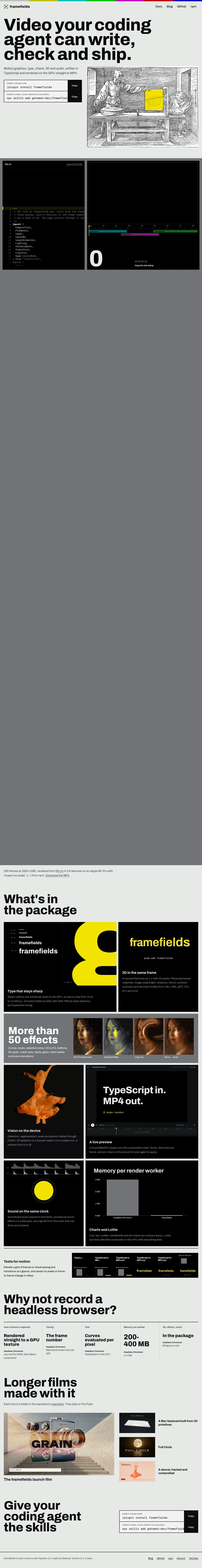 Framefields · Landing page · Minimal · Editorial · Dark screenshot