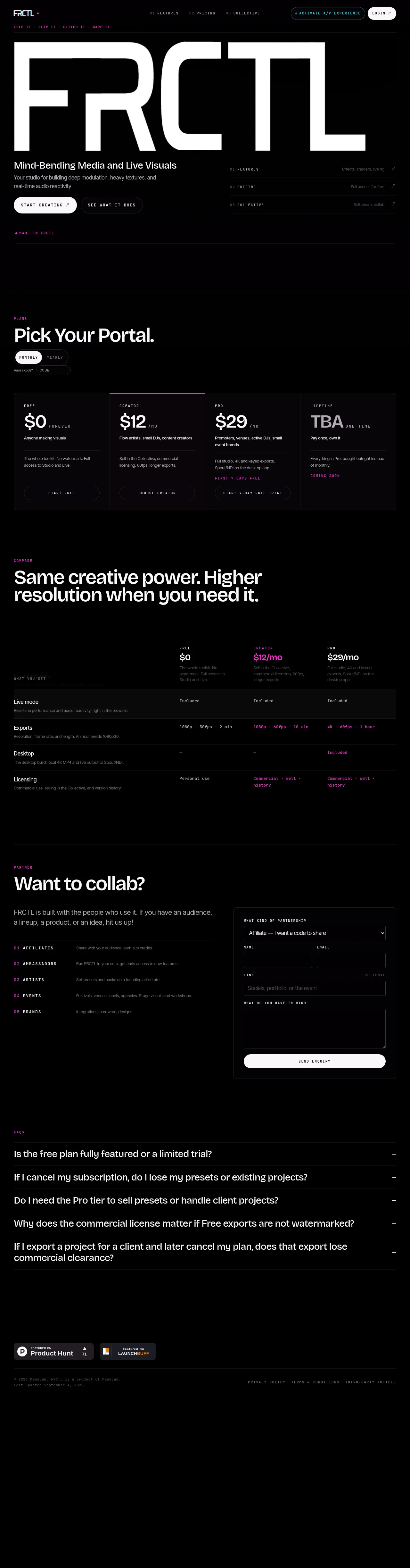 FRCTL · Landing page · Dark · Minimal · Dense screenshot
