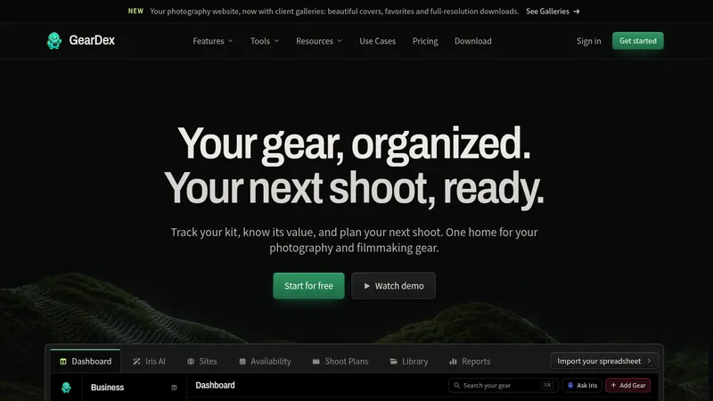 geardex.app · Landing page · Dark · Minimal · Dense screenshot