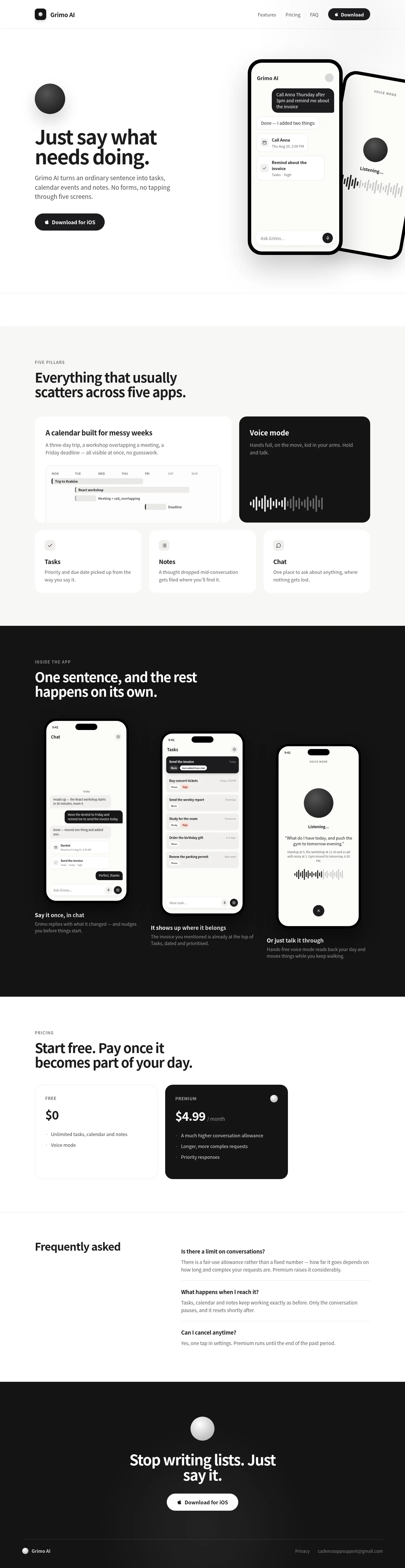 Grimo AI · Landing page · Minimal · Monochrome · Bento screenshot