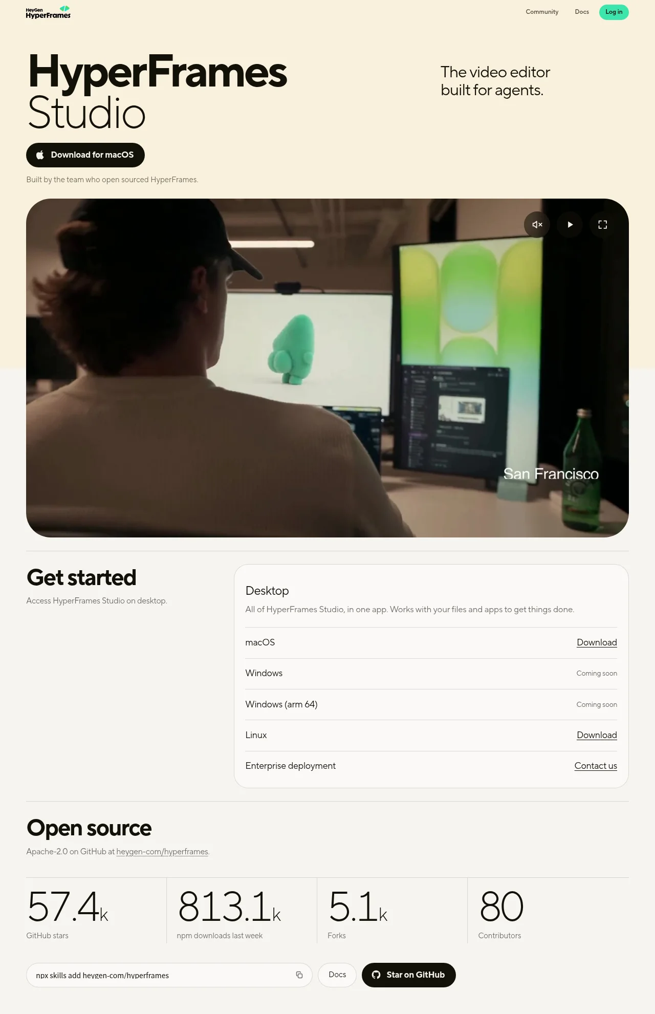 HyperFrames Studio (Desktop) · Landing page · Dark · Gradient · Bento screenshot