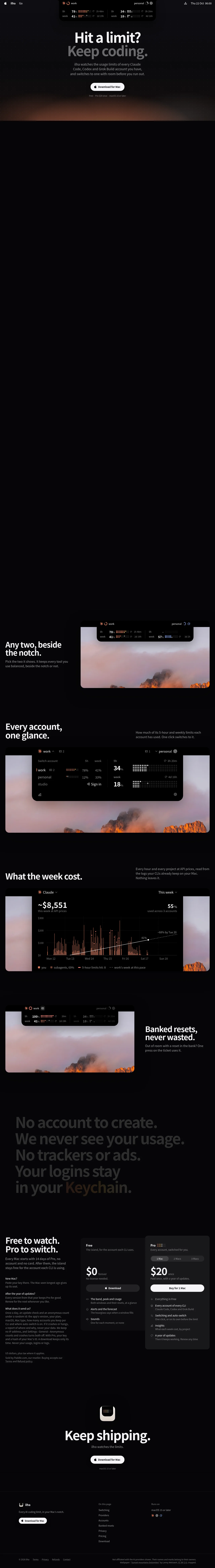 ilha · Landing page · Dark · Minimal · Editorial screenshot