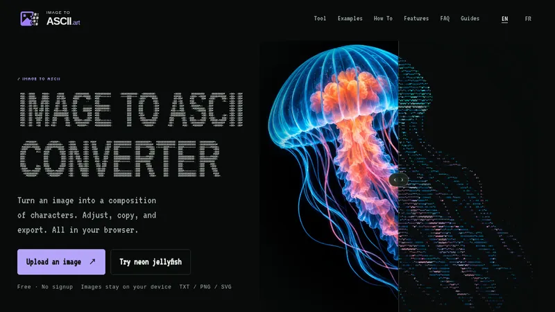 Image to ASCII · Landing page · Dark · Minimal · Editorial screenshot