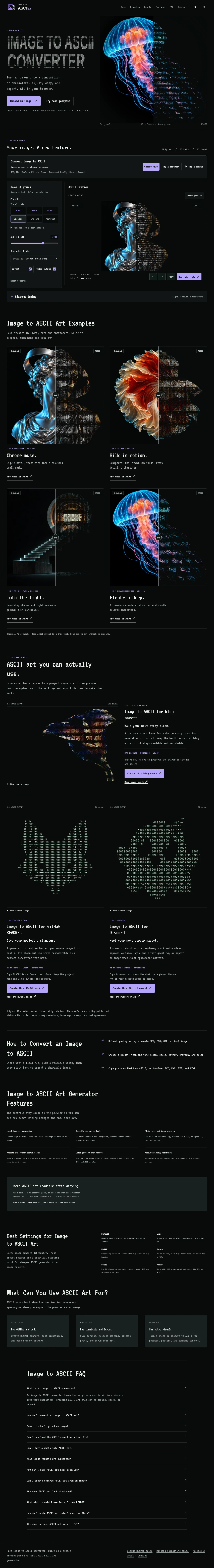 Image to ASCII · Landing page · Dark · Minimal · Editorial screenshot