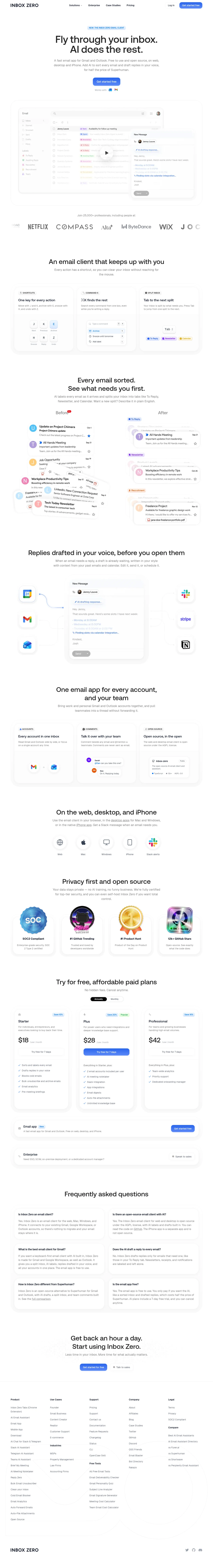 Inbox Zero · Landing page · Minimal · Bento screenshot