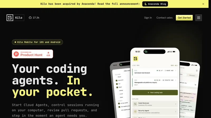 Kilo Code for iOS and Android · Landing page · Dark · Minimal · Editorial screenshot