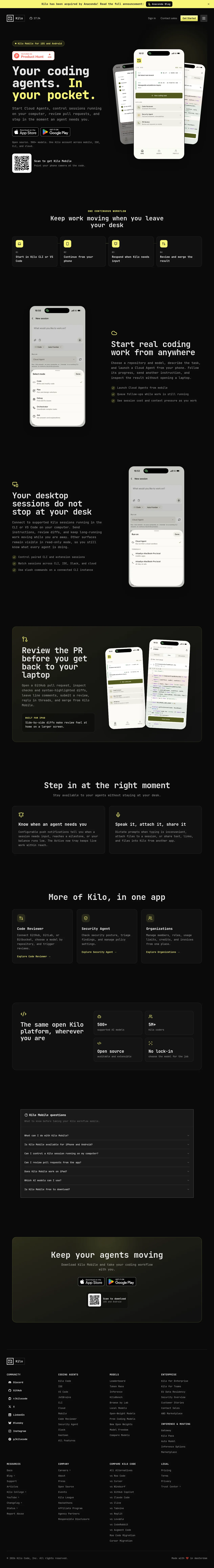 Kilo Code for iOS and Android · Landing page · Dark · Minimal · Editorial screenshot