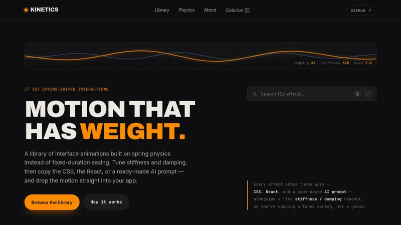 kinetics.colorion.co · Landing page · Dark · Dense · Minimal screenshot