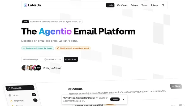 LaterOn v2: The agentic email plaftform · Landing page · Minimal · Corporate · Editorial screenshot