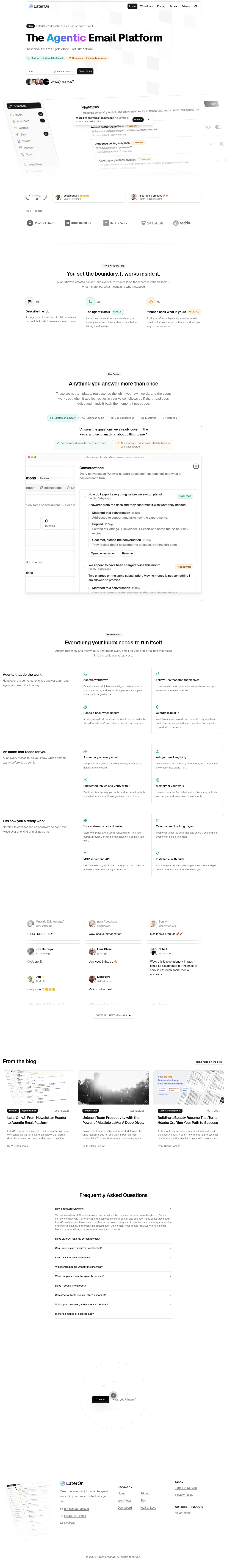 LaterOn v2: The agentic email plaftform · Landing page · Minimal · Corporate · Editorial screenshot