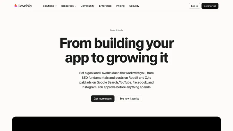 Lovable Growth Tools · Landing page · Minimal · Gradient · Dark screenshot