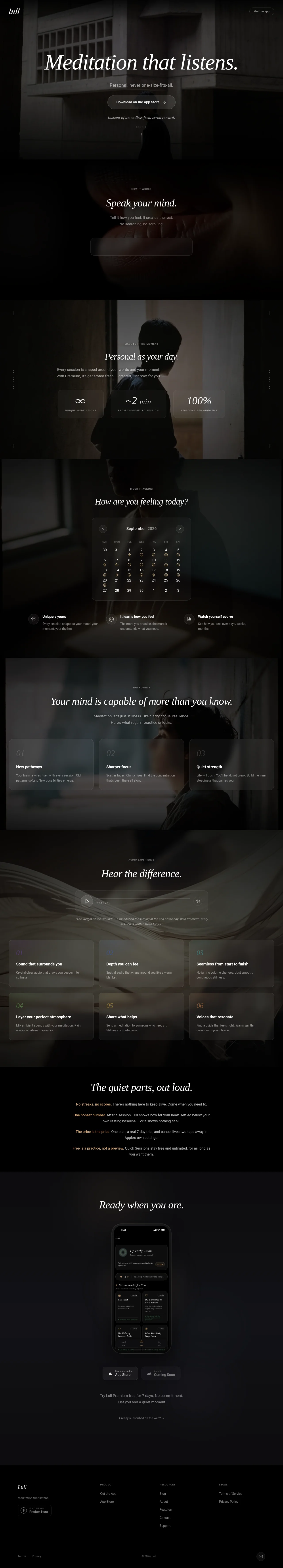 Lull · Landing page · Dark · Minimal · Editorial screenshot