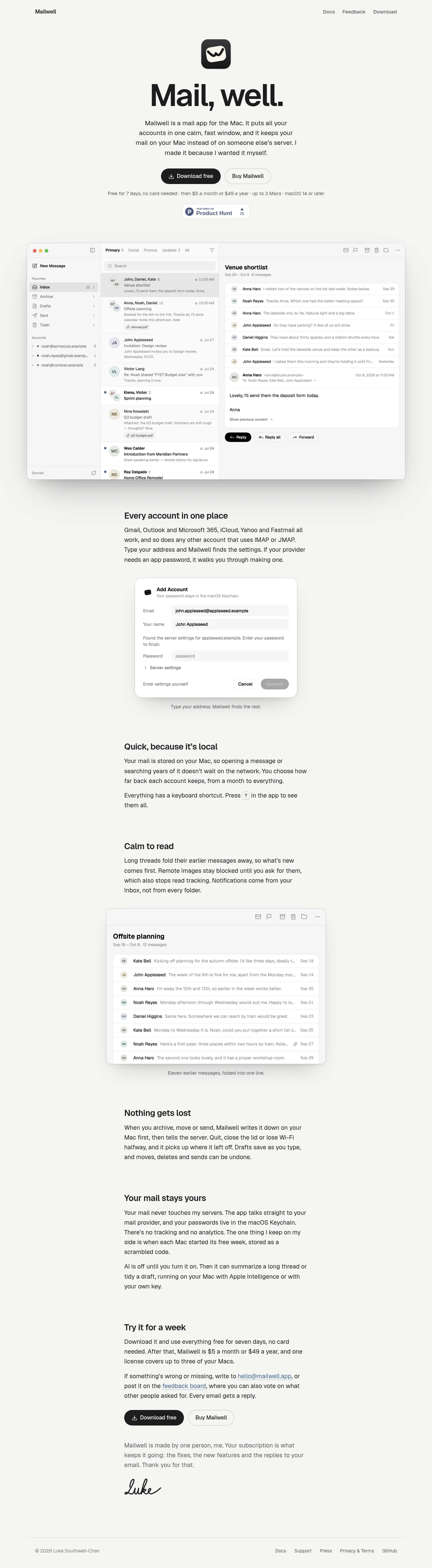 Mailwell · Landing page · Minimal · Dark screenshot
