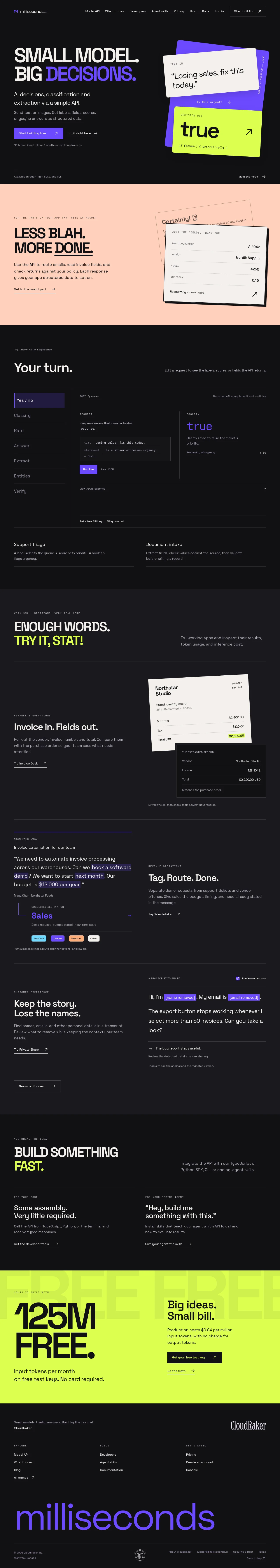 Milliseconds.ai · Landing page · Dark · Minimal · Brutalist screenshot