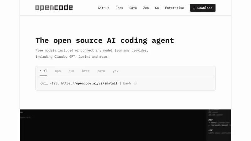 OpenCode 2.0 · Landing page · Minimal · Monochrome · Editorial screenshot