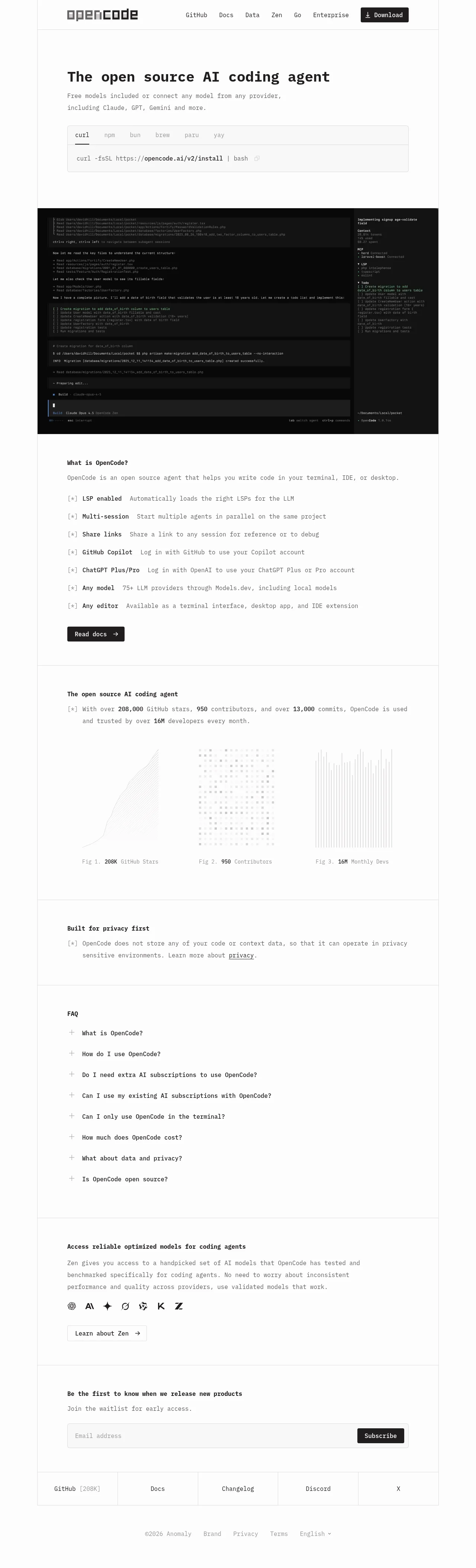 OpenCode 2.0 · Landing page · Minimal · Monochrome · Editorial screenshot