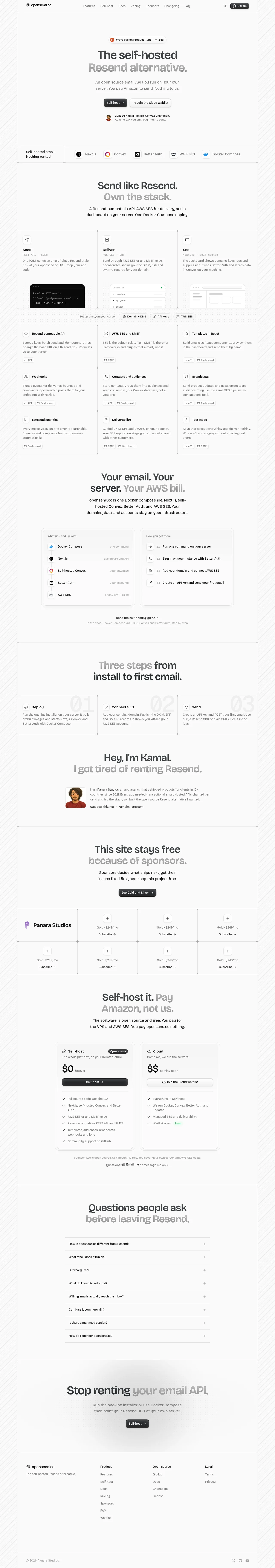 opensend.cc · Landing page · Minimal · Monochrome screenshot