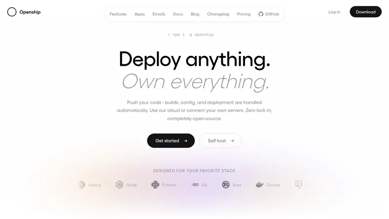 OpenShip Cloud · Landing page · Minimal · Editorial · Dark screenshot