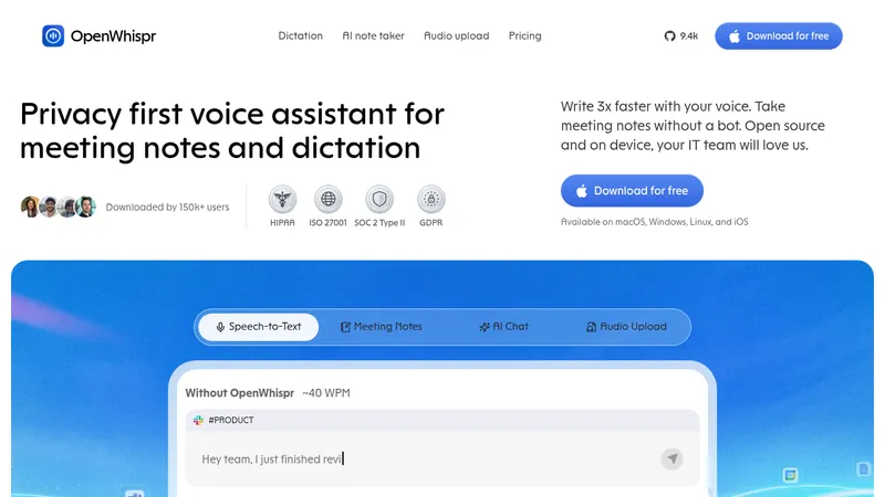 OpenWhispr for iOS · Landing page · Minimal · Bento · Glass screenshot
