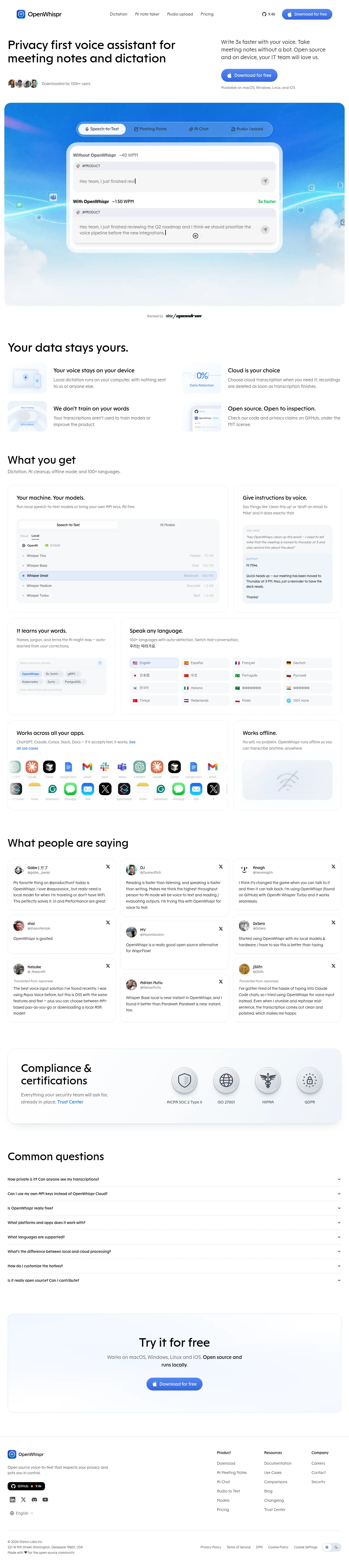 OpenWhispr for iOS · Landing page · Minimal · Bento · Glass screenshot