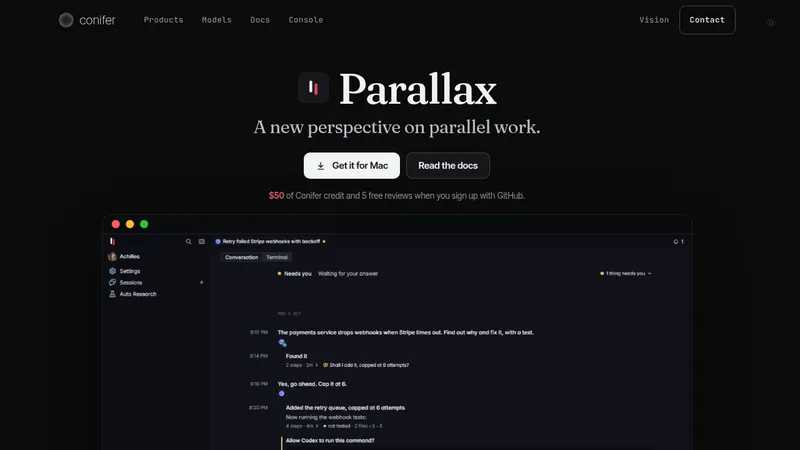 Parallax · Landing page · Dark · Minimal · Editorial screenshot