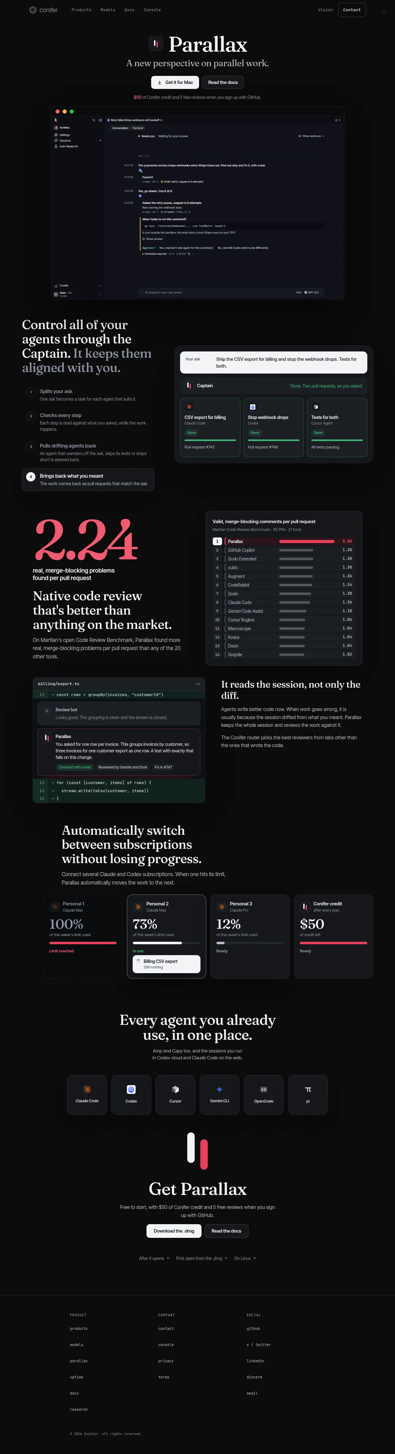 Parallax · Landing page · Dark · Minimal · Editorial screenshot