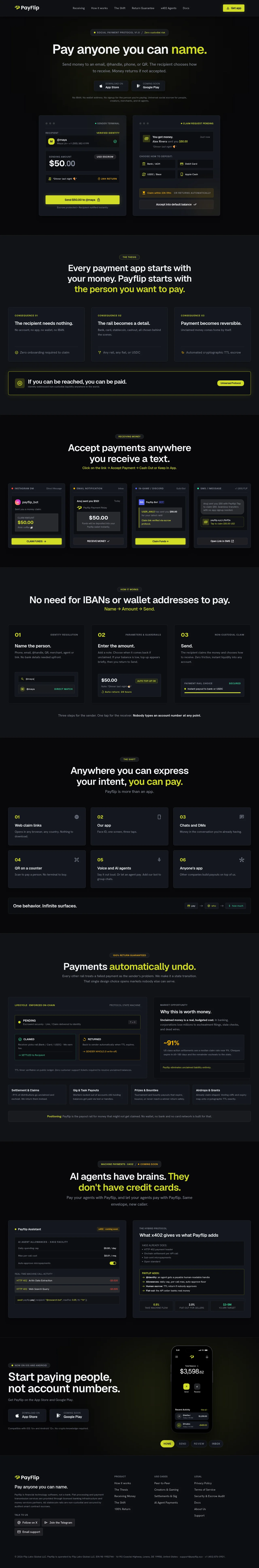 Payflip · Landing page · Dark · Dense · Minimal screenshot