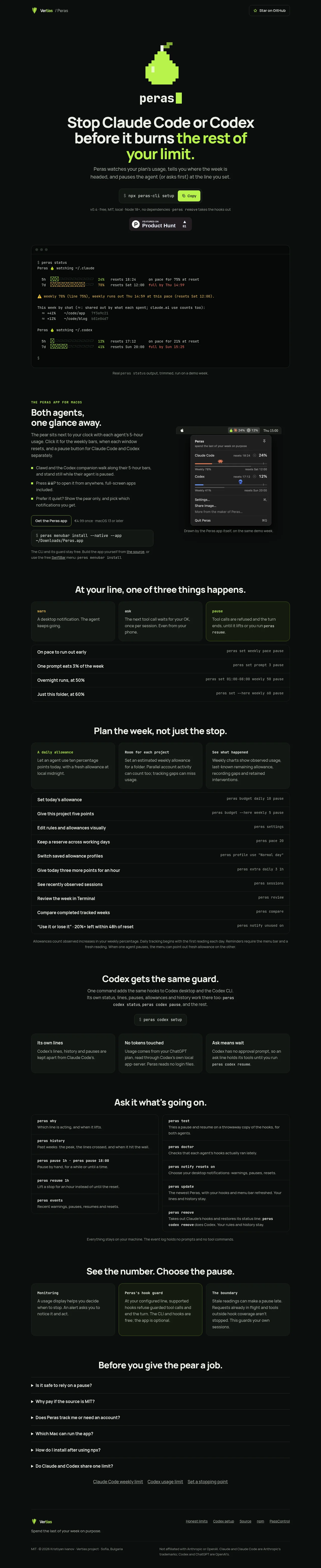 Peras · Landing page · Dark · Minimal · Dense screenshot