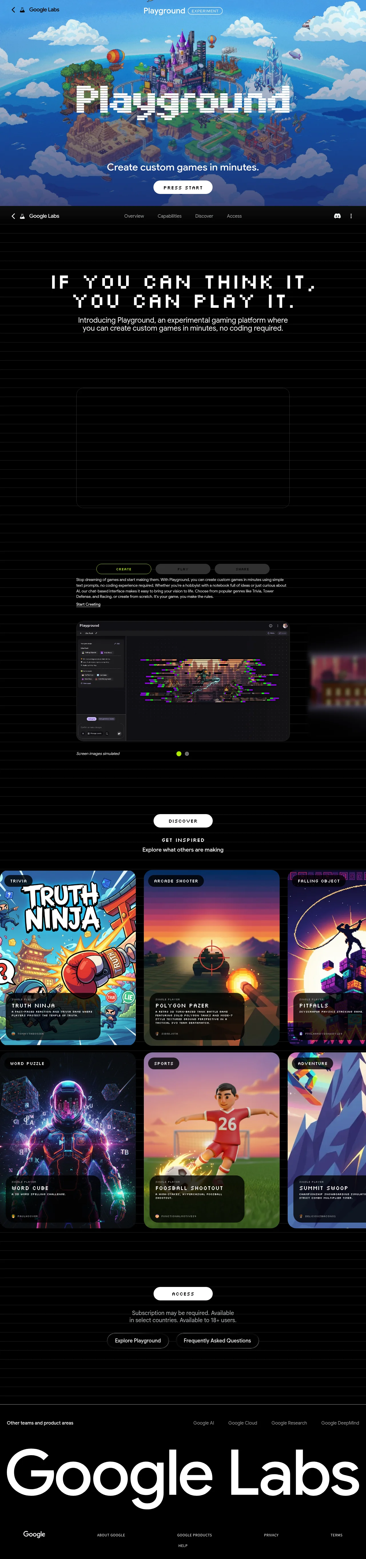 Playground by Google Labs · Landing page · Playful · Retro · Dark screenshot