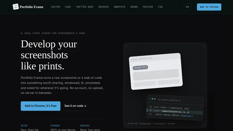 Portfolio Frame · Landing page · Dark · Editorial · Minimal screenshot