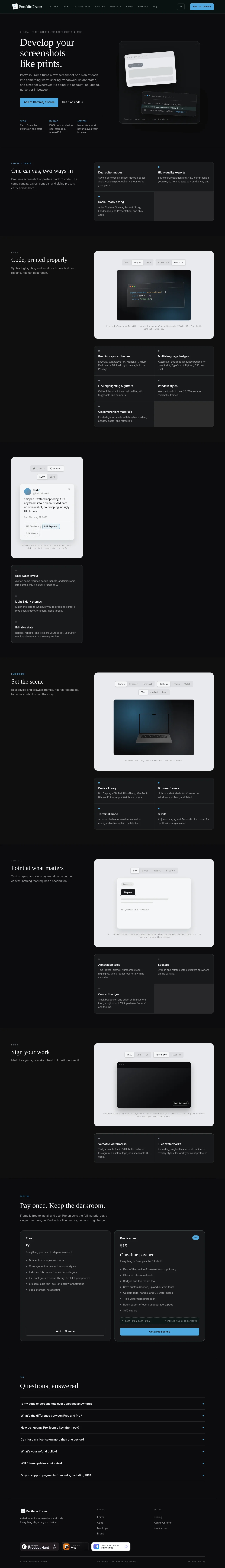 Portfolio Frame · Landing page · Dark · Editorial · Minimal screenshot