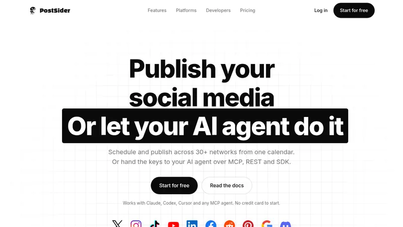 PostSider · Landing page · Minimal · Monochrome · Editorial screenshot
