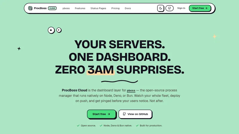 ProcBoss · Landing page · Playful · Illustrated · Dark screenshot