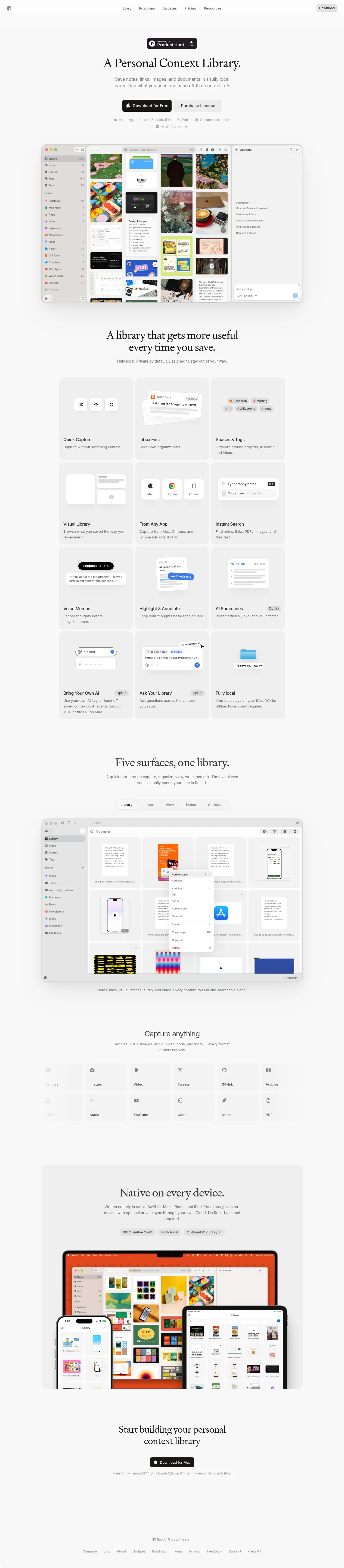 Resurf · Landing page · Minimal · Editorial · Bento screenshot