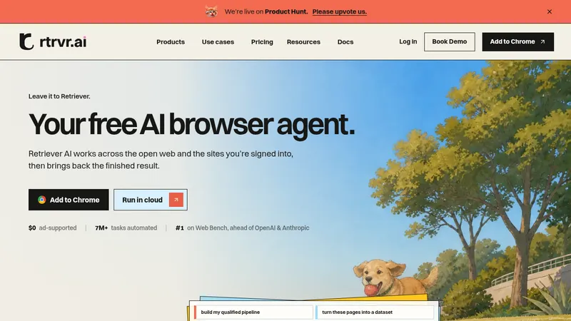 Retriever AI · Landing page · Editorial · Minimal · Illustrated screenshot