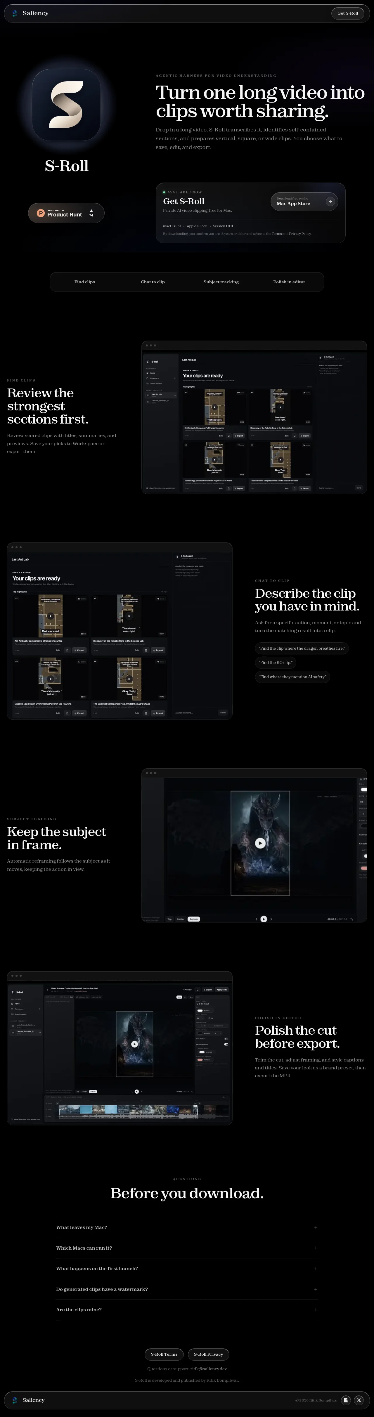 S-Roll · Landing page · Dark · Editorial · Minimal screenshot