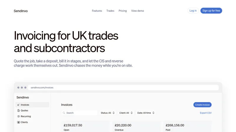 sendinvo.com · Landing page · Minimal · Editorial screenshot