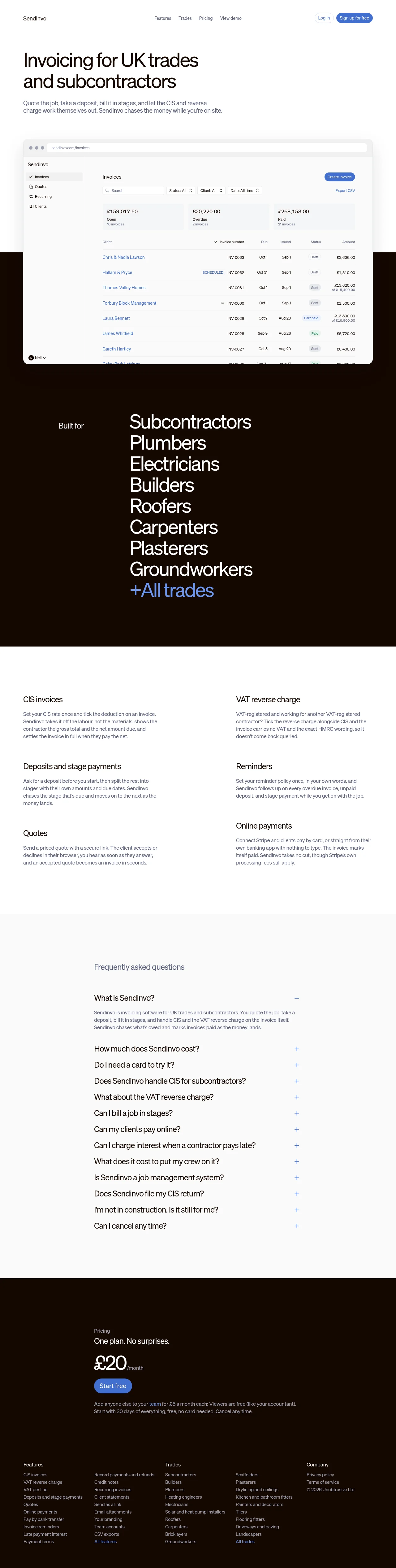 sendinvo.com · Landing page · Minimal · Editorial screenshot