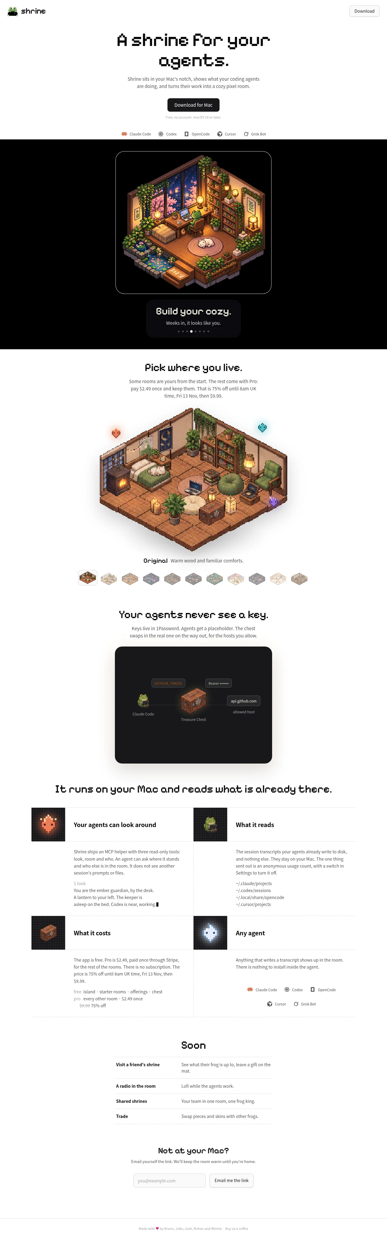 Shrine · Landing page · Playful · Minimal · Dark screenshot