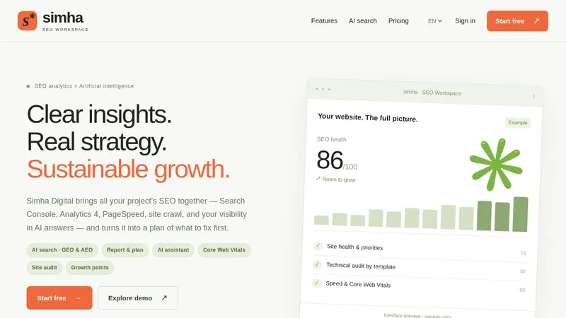 Simha Digital · Landing page · Minimal · Editorial screenshot