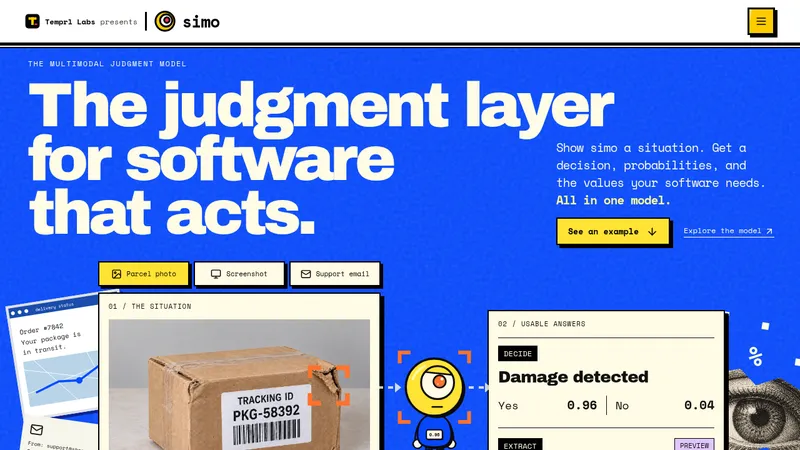 Simo · Landing page · Brutalist · Editorial · Illustrated screenshot