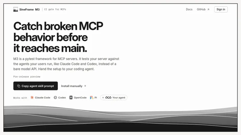 SineFrame M3 · Landing page · Minimal · Dark · Monochrome screenshot