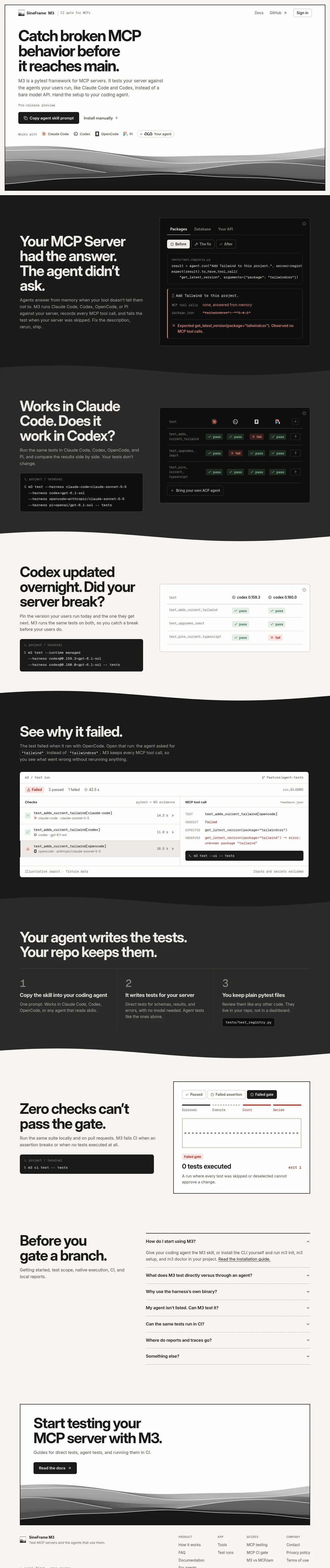 SineFrame M3 · Landing page · Minimal · Dark · Monochrome screenshot
