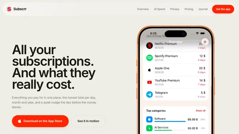 Subscrr · Landing page · Minimal · Editorial · Gradient screenshot