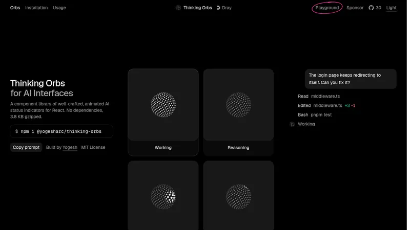 Thinking Orbs · Landing page · Minimal · Dark · Dense screenshot